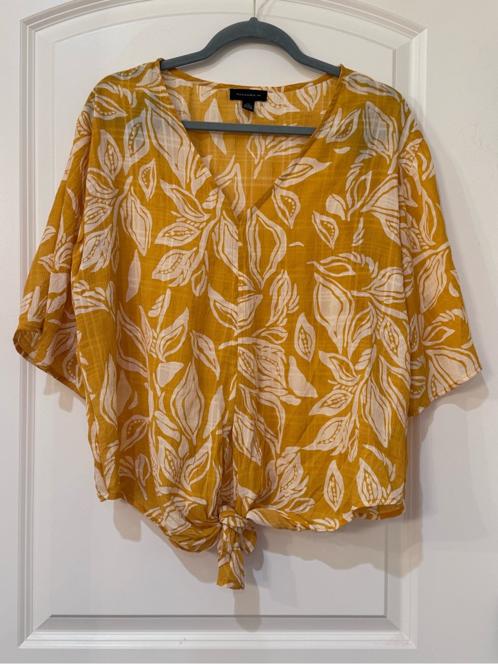 Tie-Front Leaf-Print Blouse in Mustard Yellow